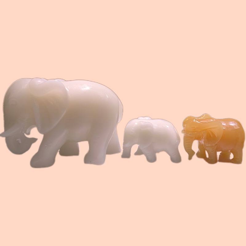 Elephant family, 3 (weight, 2 of 500g, 1 of 3500g) Natural Crystal Elephant Statue, Carved Animal Guardian Stone Carving Feng Shui Healing Reiki, White Jade, Topaz