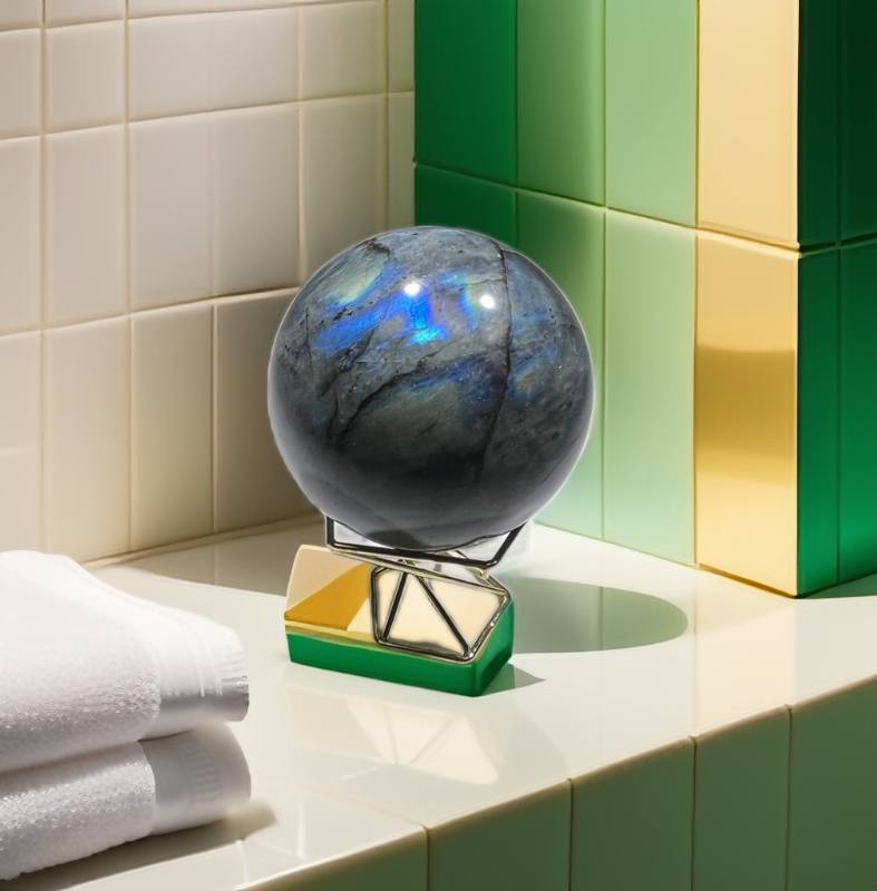 Natural Labradorite Sphere Rock Quartz Crystal Ball Healing Ornament Specimen  （300g), Blue ，crystal