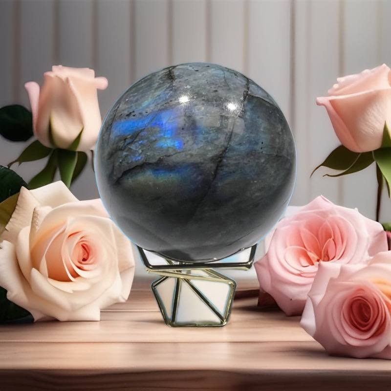 Natural Labradorite Sphere Rock Quartz Crystal Ball Healing Ornament Specimen  （300g), Blue ，crystal
